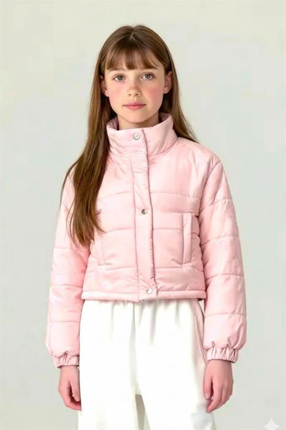 Kız Çocuk Pudra Rengi Çıtçıtlı Fermuarlı Şişme Mont
