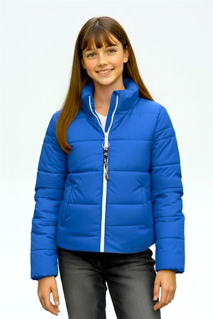 Kız Çocuk Saks Mavi Sırtı Taş Baskılı Dik Yaka Şişme Mont