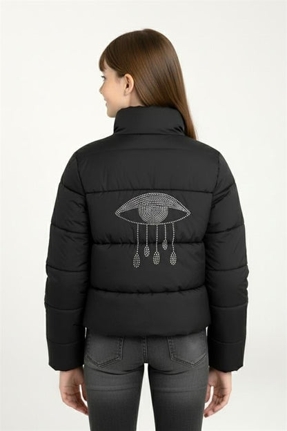 Kız Çocuk Siyah Sırtı Taş Baskılı Dik Yaka Şişme Mont