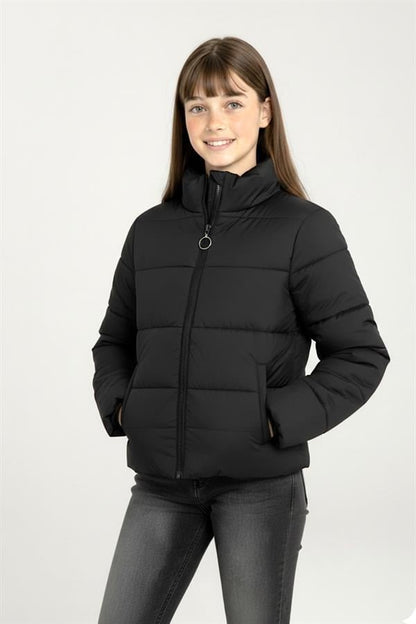 Kız Çocuk Siyah Sırtı Taş Baskılı Dik Yaka Şişme Mont