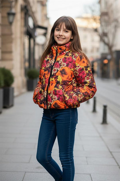 Kız Çocuk Turuncu Dik Yaka Çiçekli Şişme Mont