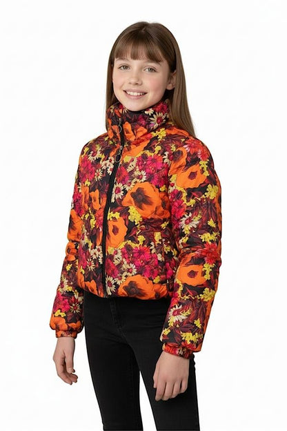 Kız Çocuk Turuncu Dik Yaka Çiçekli Şişme Mont