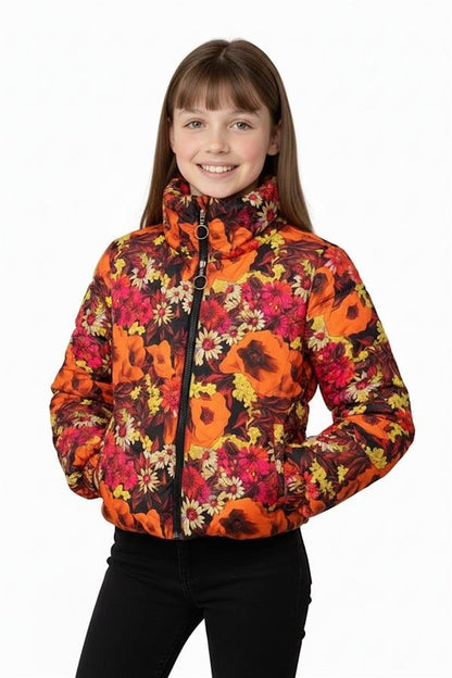 Kız Çocuk Turuncu Dik Yaka Çiçekli Şişme Mont