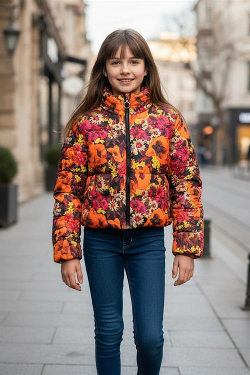 Kız Çocuk Turuncu Dik Yaka Çiçekli Şişme Mont