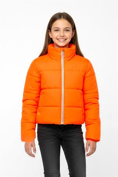 Kız Çocuk Turuncu Sırtı Taş Baskılı Şişme Mont