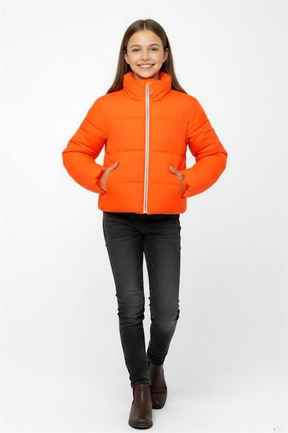Kız Çocuk Turuncu Sırtı Taş Baskılı Şişme Mont