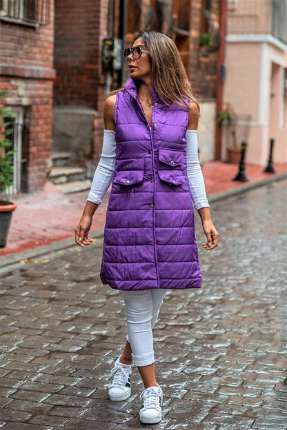 Koyu Mor Dik Yaka Cep Detaylı Uzun Şişme Yelek