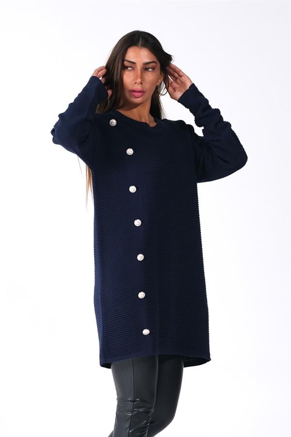 Lacivert Bisiklet Yaka Fitilli Düğme Detaylı Triko Kazak