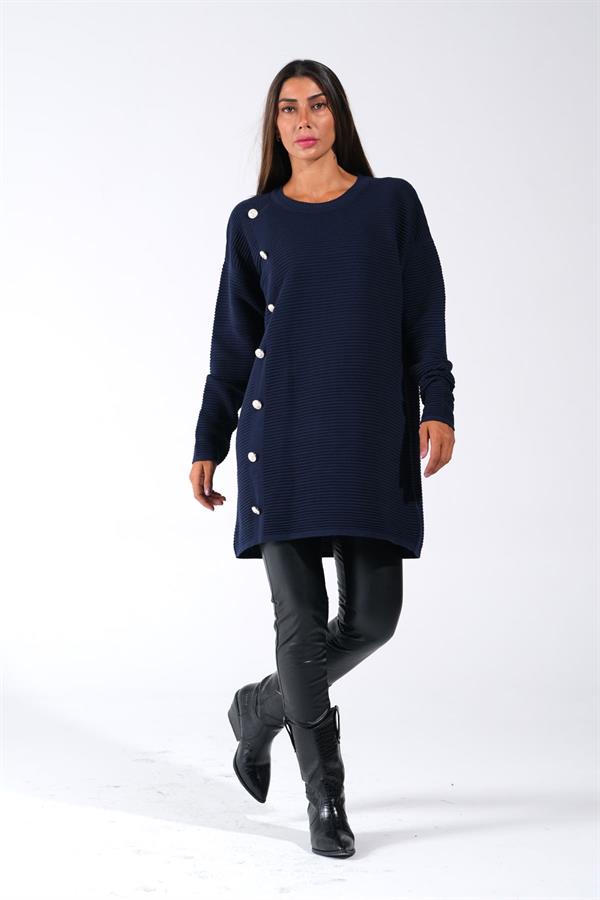 Lacivert Bisiklet Yaka Fitilli Düğme Detaylı Triko Kazak