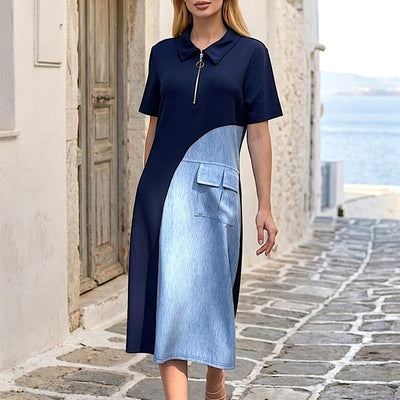 Lacivert Cep Detaylı Tasarım Elbise