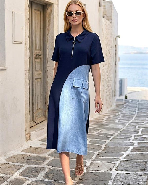 Lacivert Cep Detaylı Tasarım Elbise