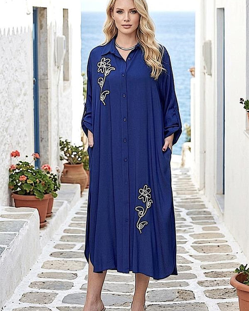 Lacivert Çiçek Nakışlı Gömlek Elbise Pantolon Takım