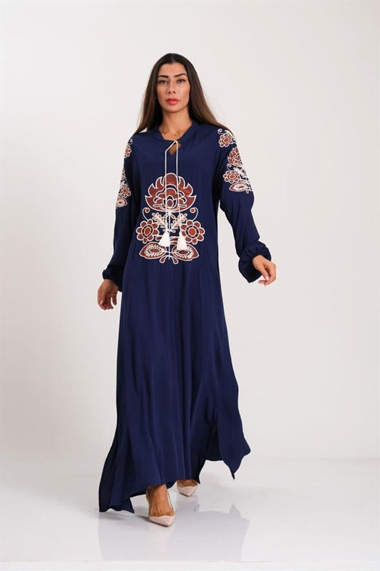 Lacivert, önü ve kolları otantik nakışlı, püskül bağlamalı, balon kollu uzun viskon elbise.