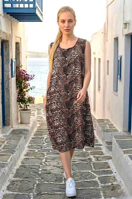 Leopar Desenli Kalın Askılı Cepli Midi Elbise