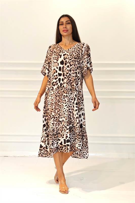 Leopar Desenli V Yaka Cepli Etekleri Fırıfırlı Midi Elbise