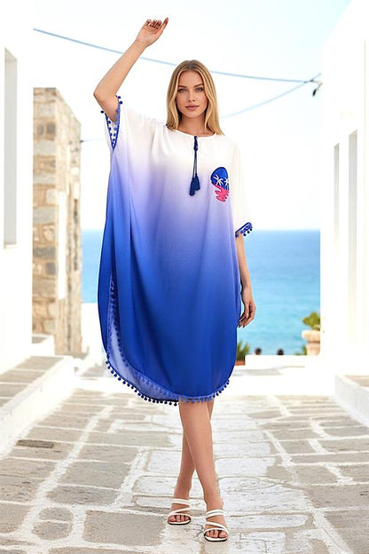 Mavi Aplike Nakışlı Yarasa Kol Ponponlu Kısa Elbise