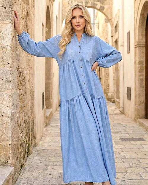 Mavi Balon Kol Önden Düğmeli Tensel Uzun Elbise