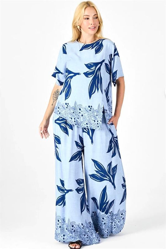 Mavi Desenli Kayık Yaka Beli Lastikli Cepli Bol Paça İkili Takım