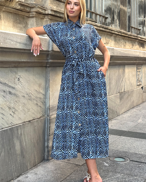 Mavi Gömlek Yaka Kemerli Cepli Uzun Gömlek Elbise