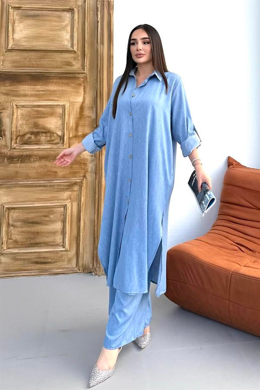 Mavi Kot Görünümlü Beli Lastikli Bol Paça Gömlek Pantolon İkili Takım