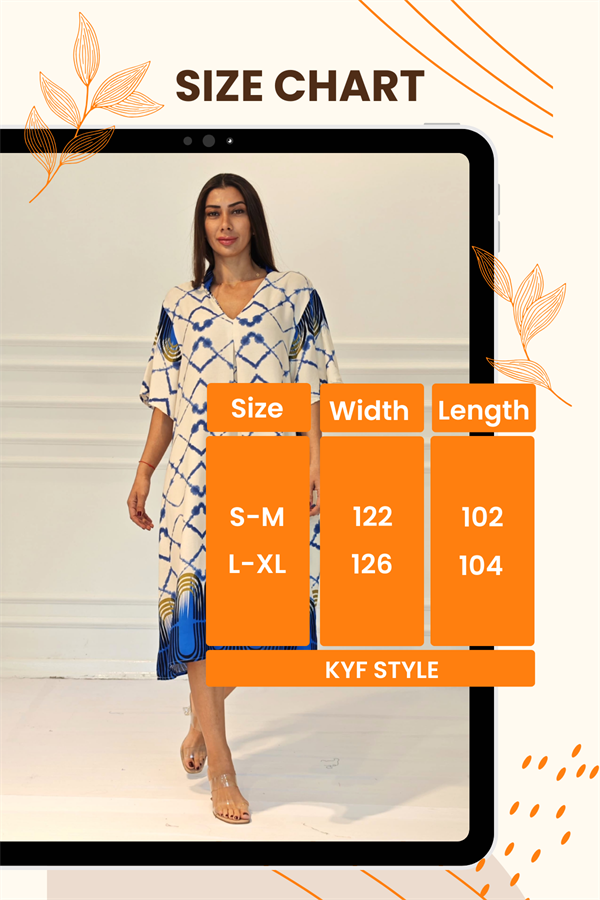 Mavi desenli V yaka midi boy elbise giyen bir modelin yer aldığı beden tablosu görseli.