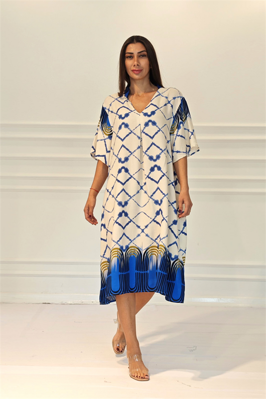 Mavi V Yaka Desenli Cepli Midi Elbise