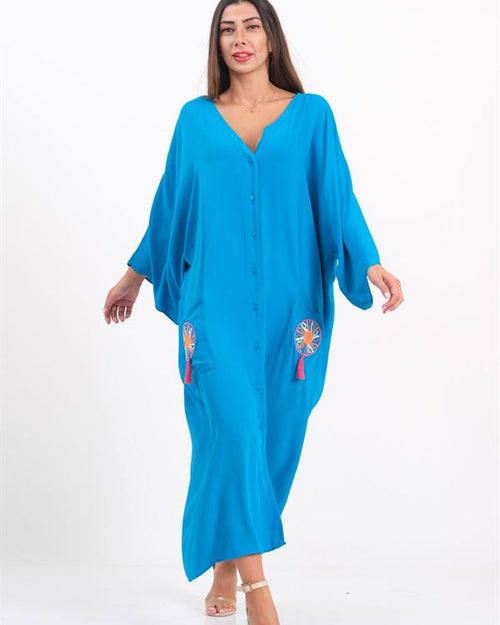 Mavi V Yaka Sırtı Ve Cepleri Nakışlı Püsküllü Oversize Uzun Elbise