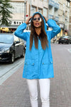 Mavi Yıldız Kapüşonlu Cepli İnce Yağmurluk