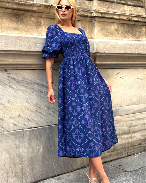 Mor Desenli Karpuz Kol Gipeli Uzun Elbise