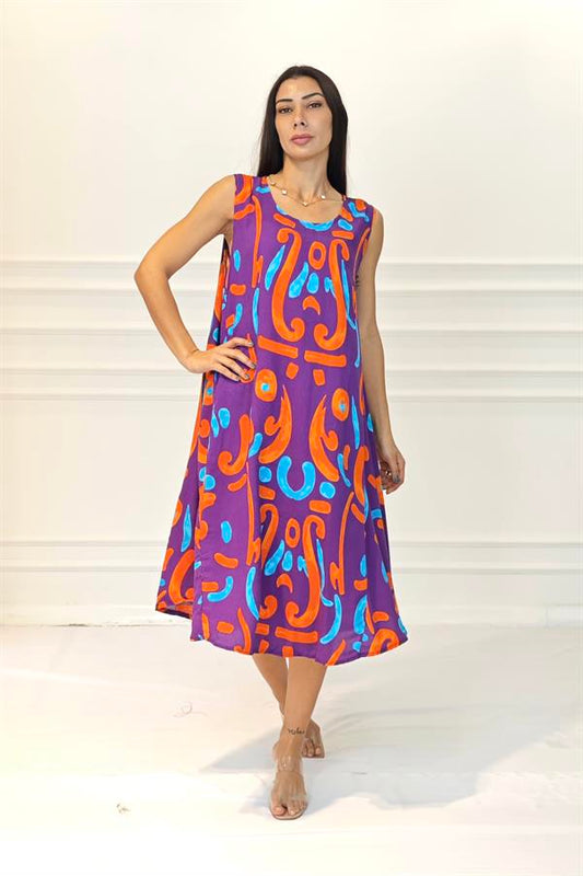 Mor Desenli U Yaka Askılı Midi Elbise