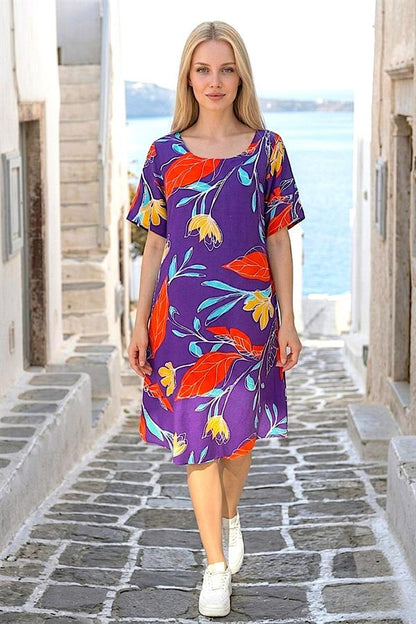 Mor Desenli Yuvarlak Yaka Kısa Kollu Midi Elbise