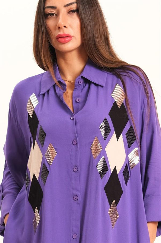 A purple long shirt dress featuring front sequin diamond patterns and adjustable sleeves.