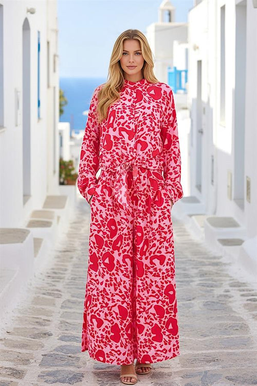 Pembe Desenli Dik Yaka Kolu Apoletli Cepli Gömlek Pantolon Takım