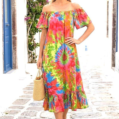 Pembe Etnik Desenli Madonna Yaka Elbise