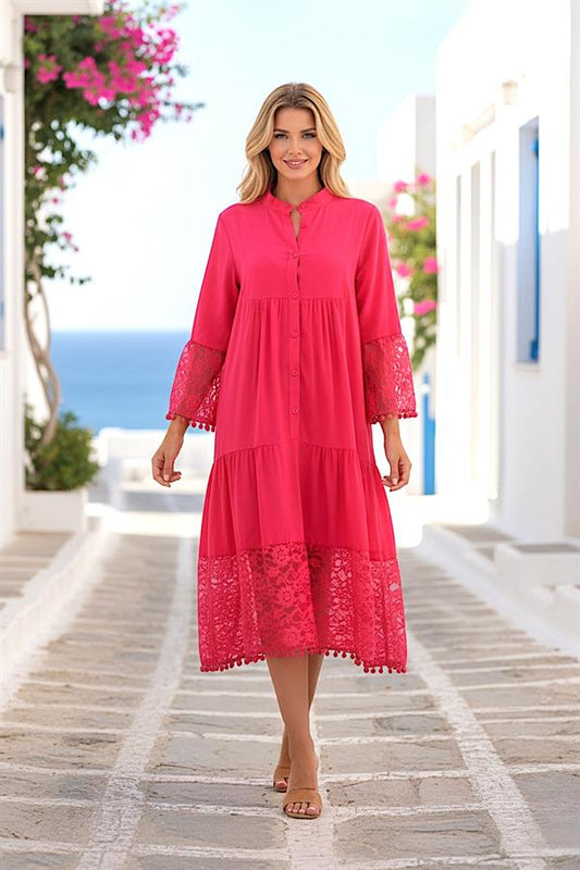 Pembe Önden Düğmeli Kolları Ve Eteği Dantelli Ponponlu Midi Elbise