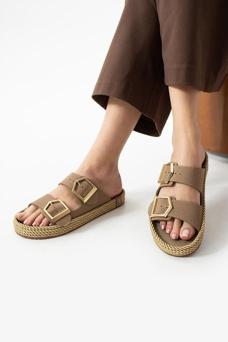 Loera Vizon Nubuk Çift Tokalı Terlik