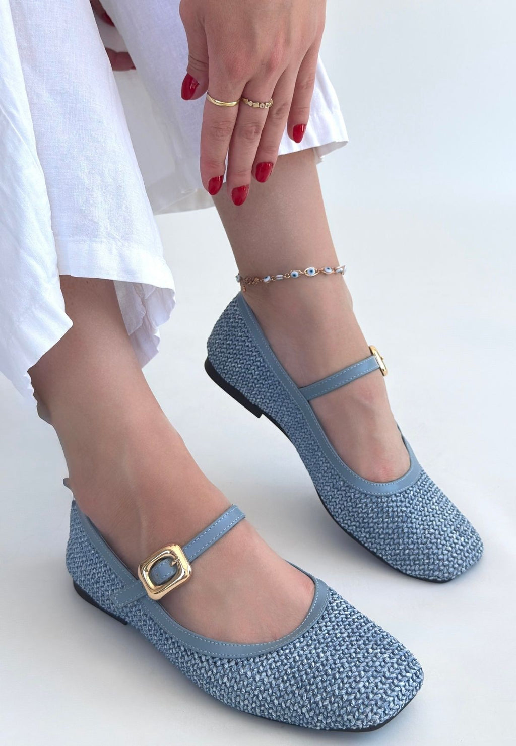 Rives Mavi Cilt Hasır Dokumalı Babet Ayakkabı