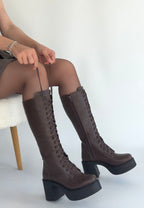 Guay Kahverengi Cilt Bağcıklı Topuklu Çizme