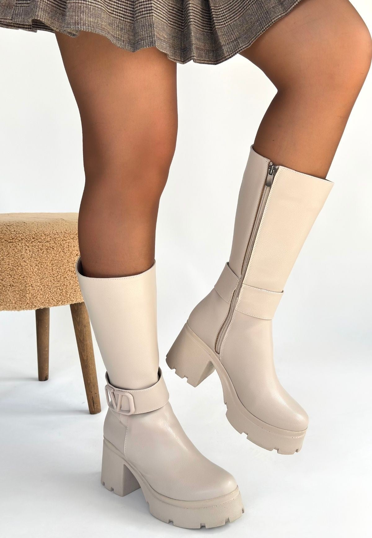 Moki Bej Cilt Topuklu Çizme