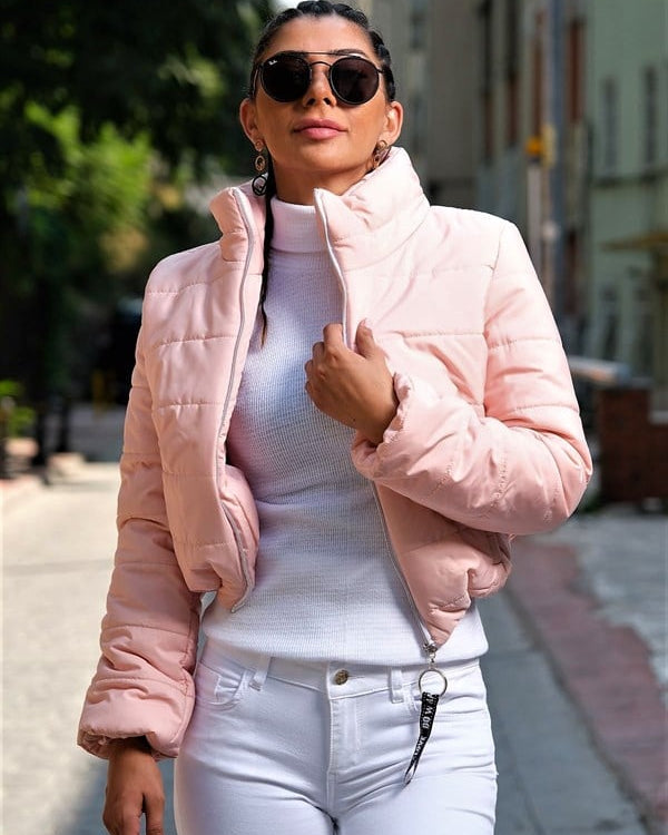 Pudra Dik Yaka Su Geçirmez Kısa Şişme Mont