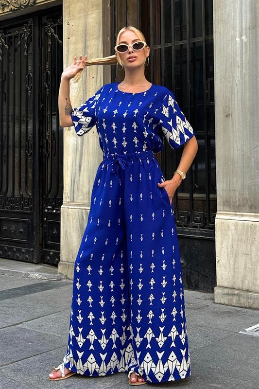 Saks Mavi Balık Desenli Kayık Yaka Beli Lastikli Cepli Bol Paça İkili Takım