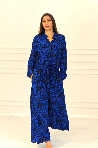 Saks Mavi Desenli Kolu Apoletli Cepli Gömlek Pantolon Takım