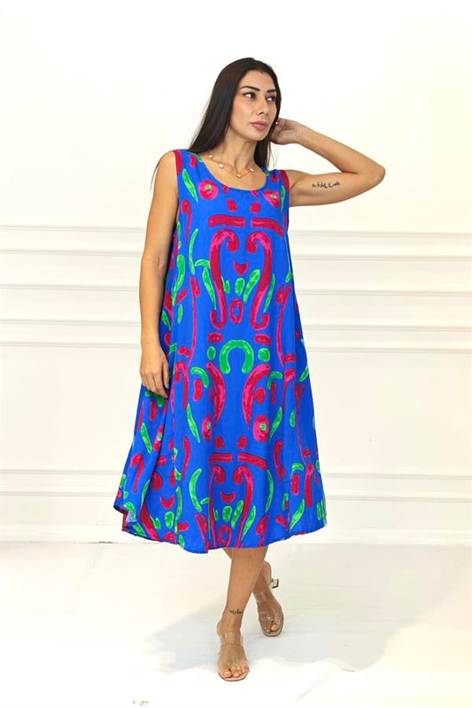 Saks Mavi Desenli U Yaka Askılı Midi Elbise