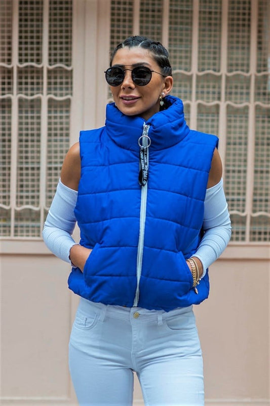 Saks Mavi Dik Yaka Beli Lastikli Cepli Kısa Şişme Yelek