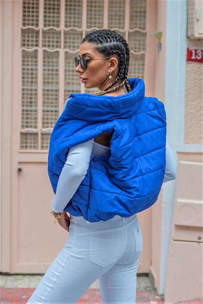 Saks Mavi Dik Yaka Beli Lastikli Cepli Kısa Şişme Yelek