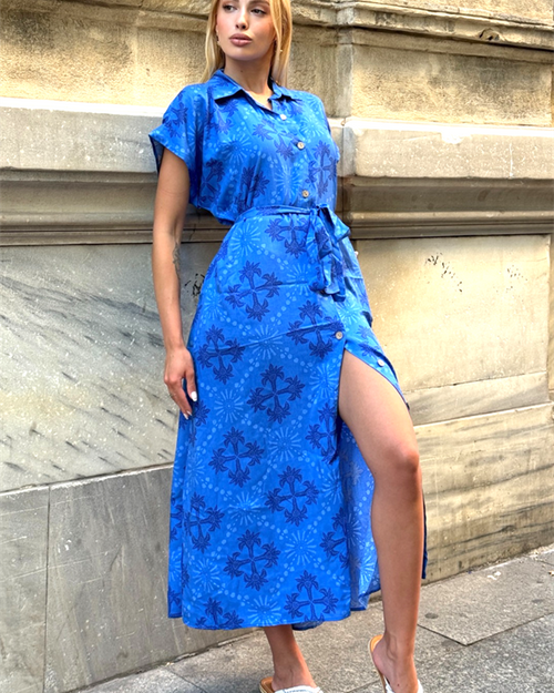 Saks Mavi Gömlek Yaka Kemerli Cepli Uzun Gömlek Elbise