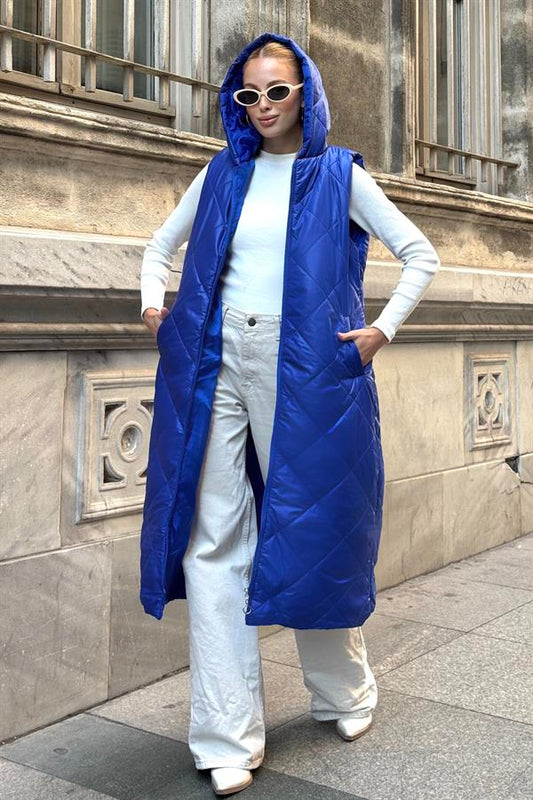 Saks Mavi Kapüşonlu Cepli Baklava Desen Uzun Şişme Yelek