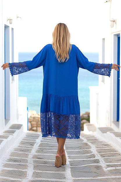 Saks Mavi Önden Düğmeli Kolları Ve Eteği Dantelli Ponponlu Midi Elbise