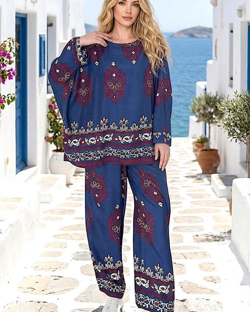 Saks Mavi Otantik Desenli Pantolon Bluz Takım