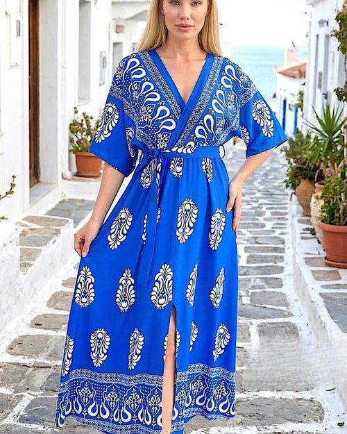 Saks Mavi V Yaka Belden Bağlamalı Uzun Elbise